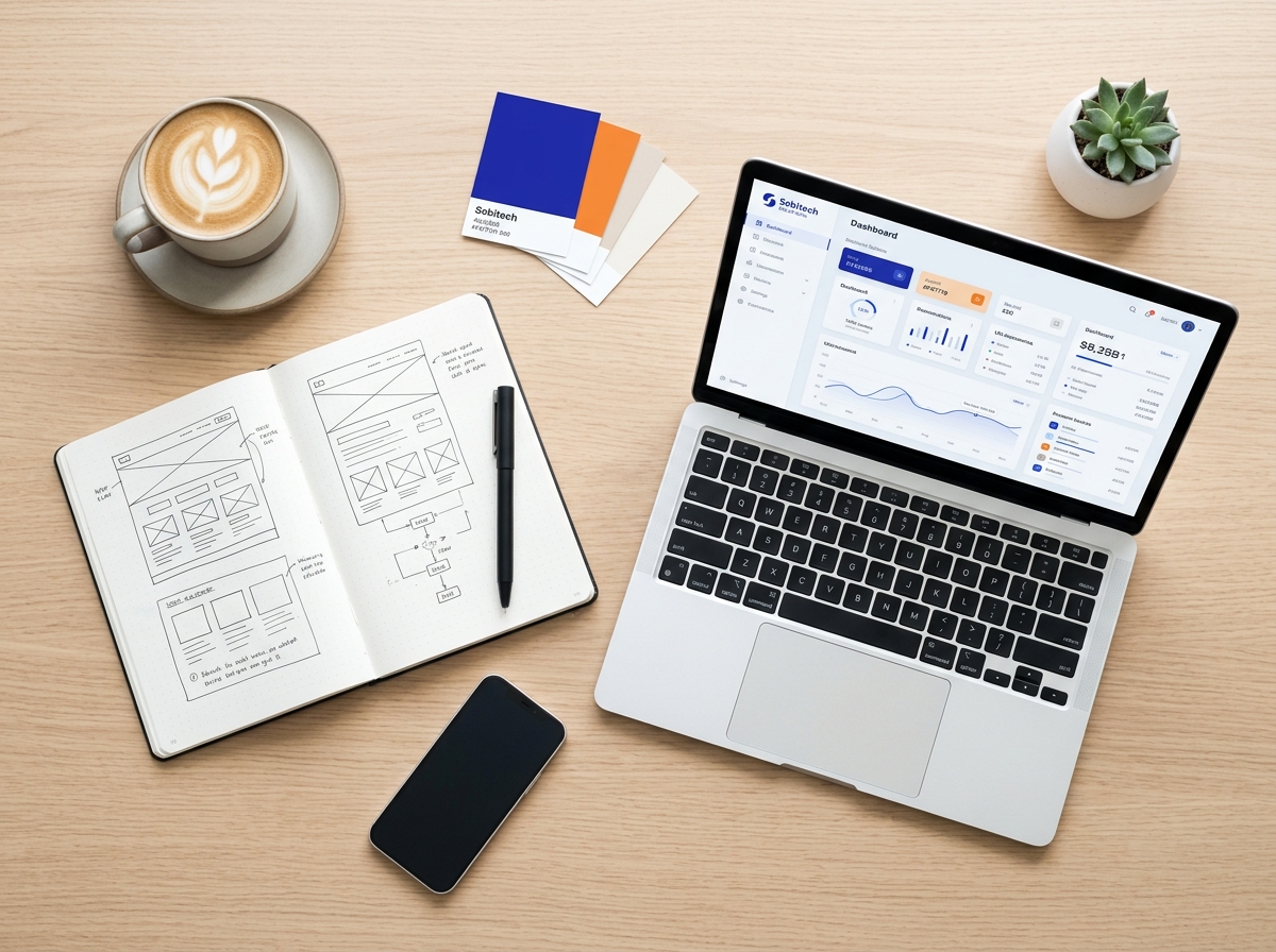 Tidy workspace with laptop and wireframe sketch
