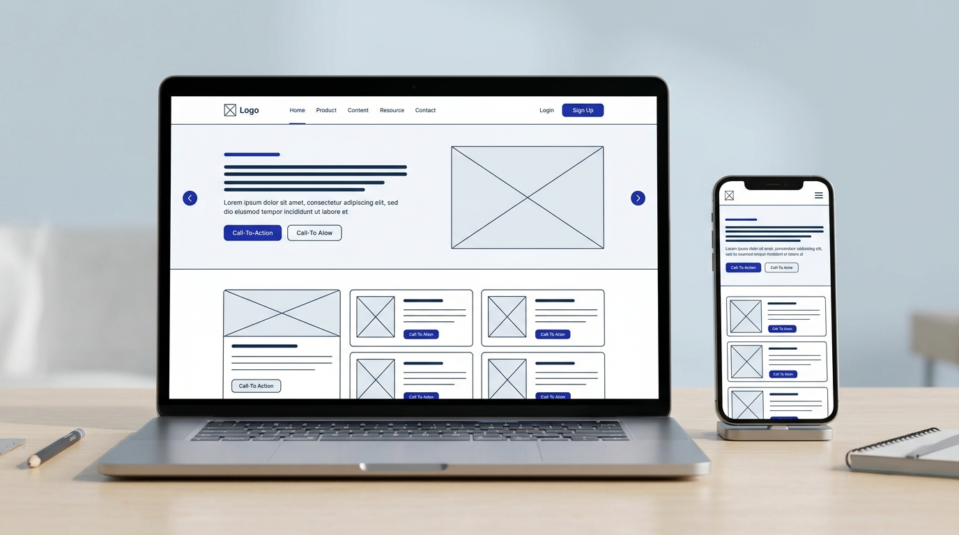 Website layout shown on a laptop and a phone