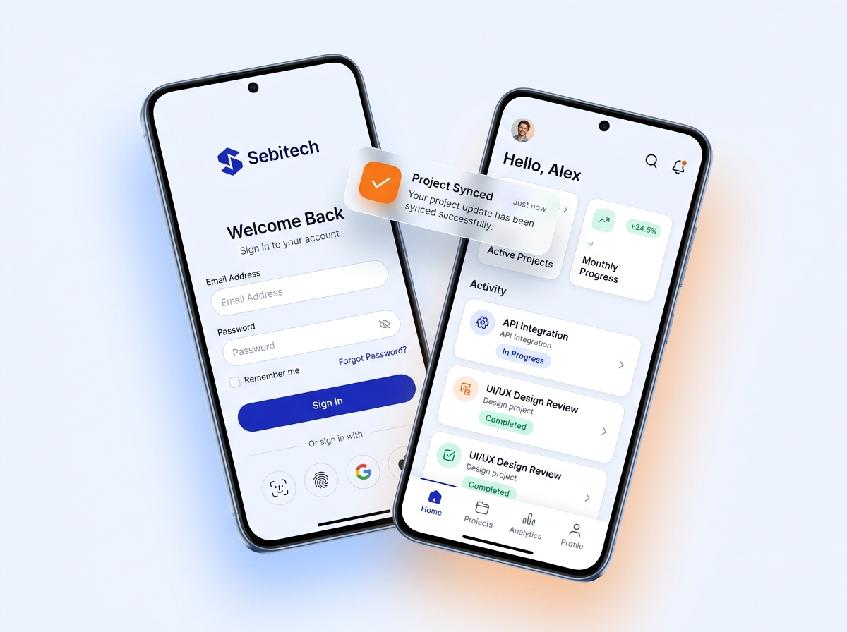 Mobile app login and dashboard screens