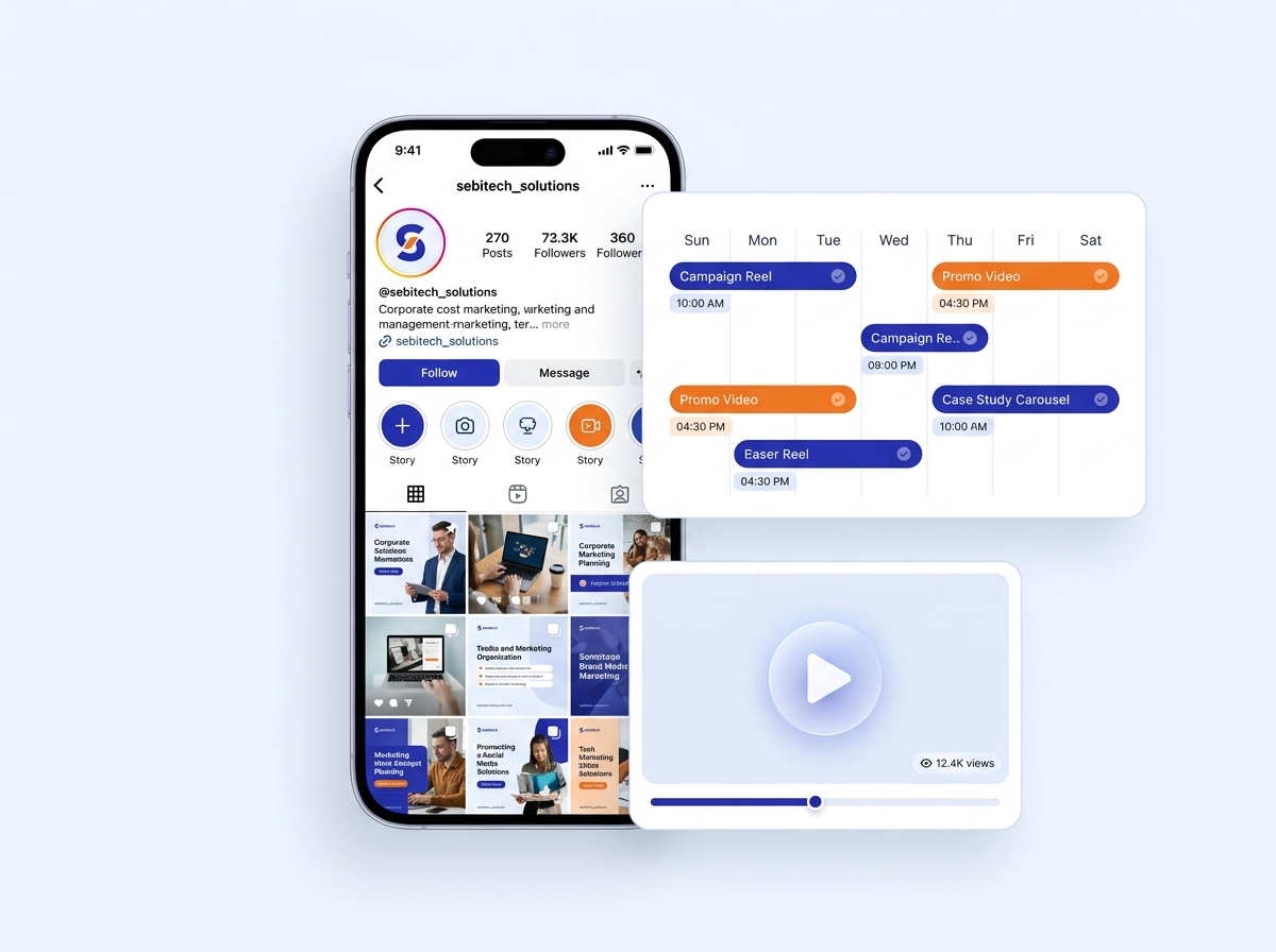 Social profile, content calendar and reel