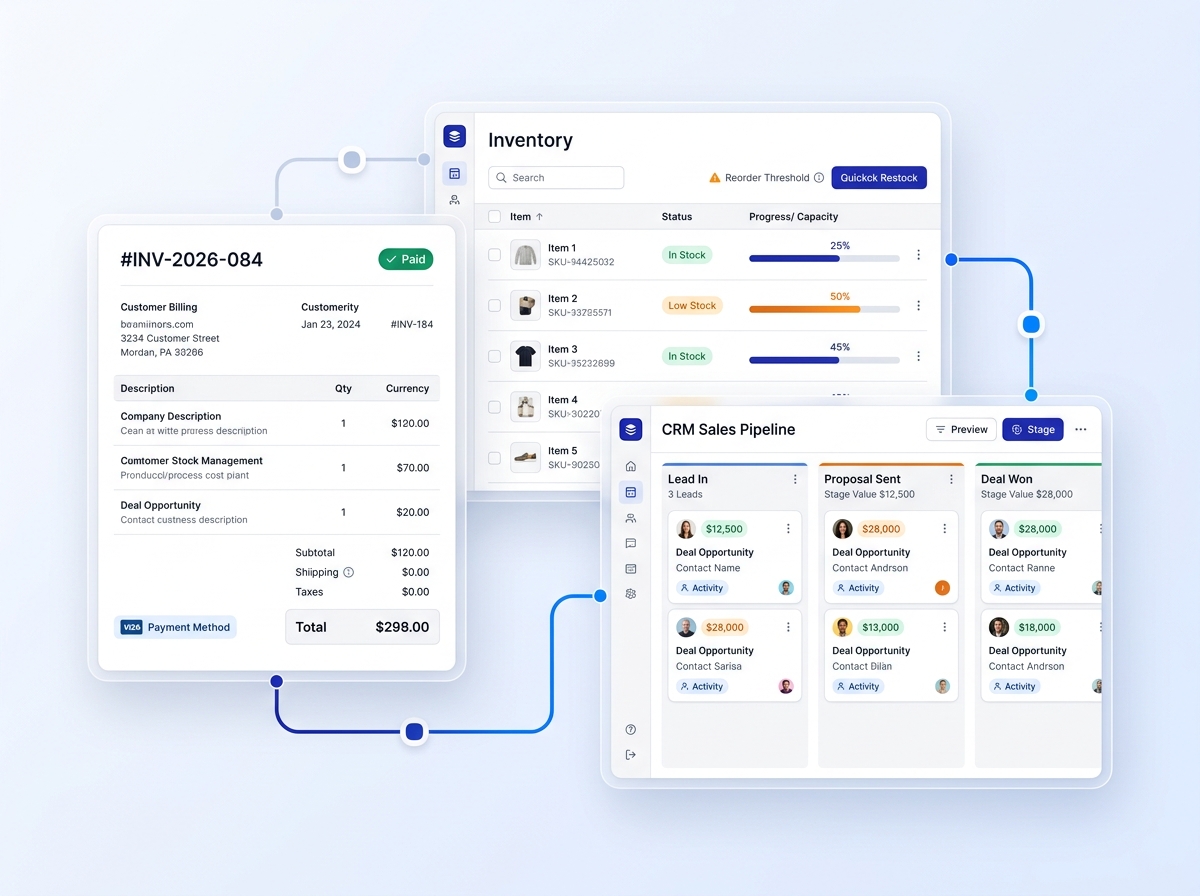 Billing, inventory and CRM software screens