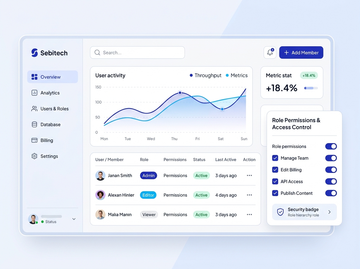 Web application dashboard with data table and charts