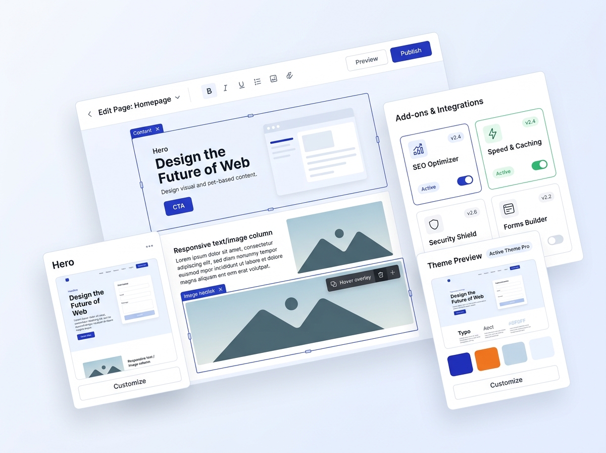 WordPress-style content dashboard with page editor and plugins